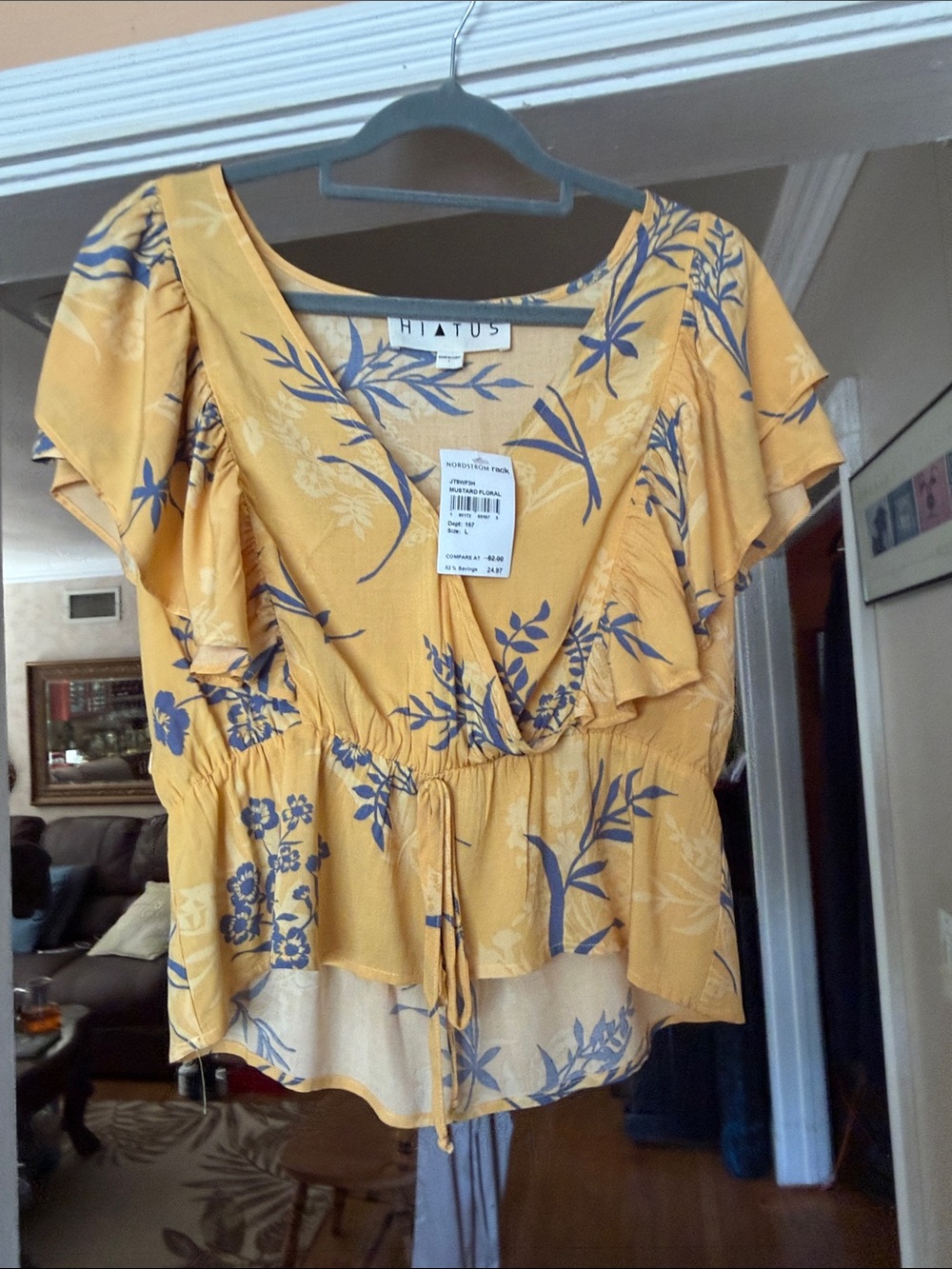 Brand New Hiatus Women's Yellow Floral Ruffle Tie-Waist Blouse